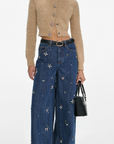 Blue Embellished Wide Leg Jean