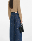 Blue Embellished Wide Leg Jean